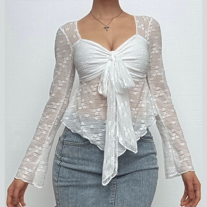 Long sleeve knotted flower pattern top  | Festival Outfits Women-final-sale