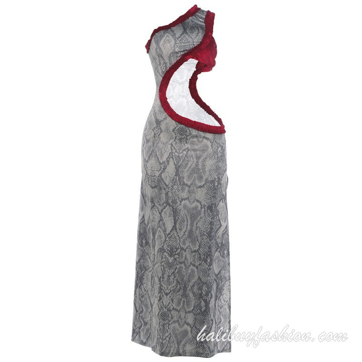 One shoulder snakeskin print hollow out high slit ruffle maxi dress - Halibuy - 14