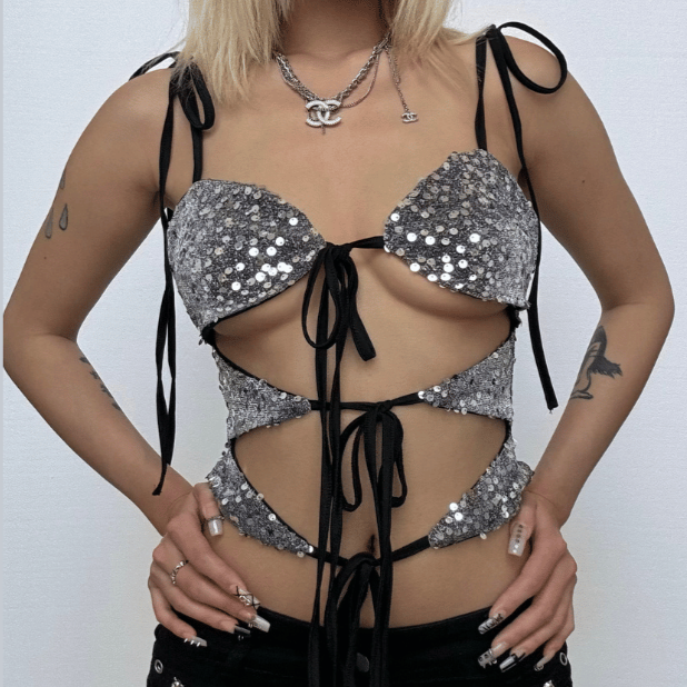 Glitter hollow out self tie backless v neck cami cut out top  | Festival Outfits Women