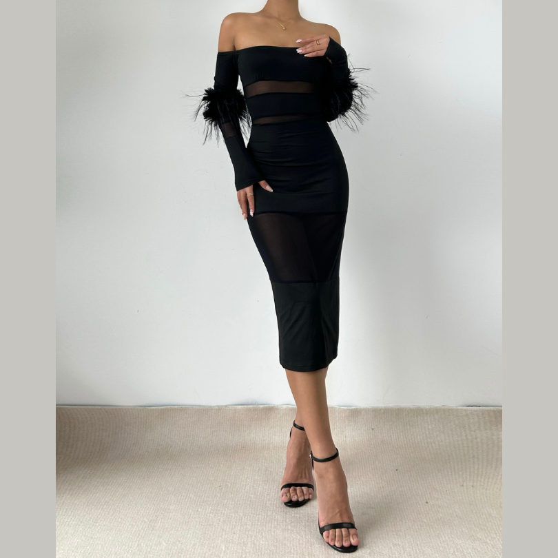 Off shoulder long sleeve fluffy mesh patchwork mini dress  | Festival Outfits Women-final-sale