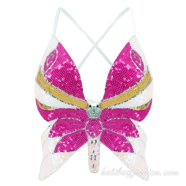 Spaghetti strap sleeveless glitter butterfly pattern deep v neck crop top - Halibuy - 14