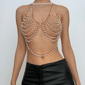 Halter hollow out beaded metal chain cut out top  | Festival Outfits Women