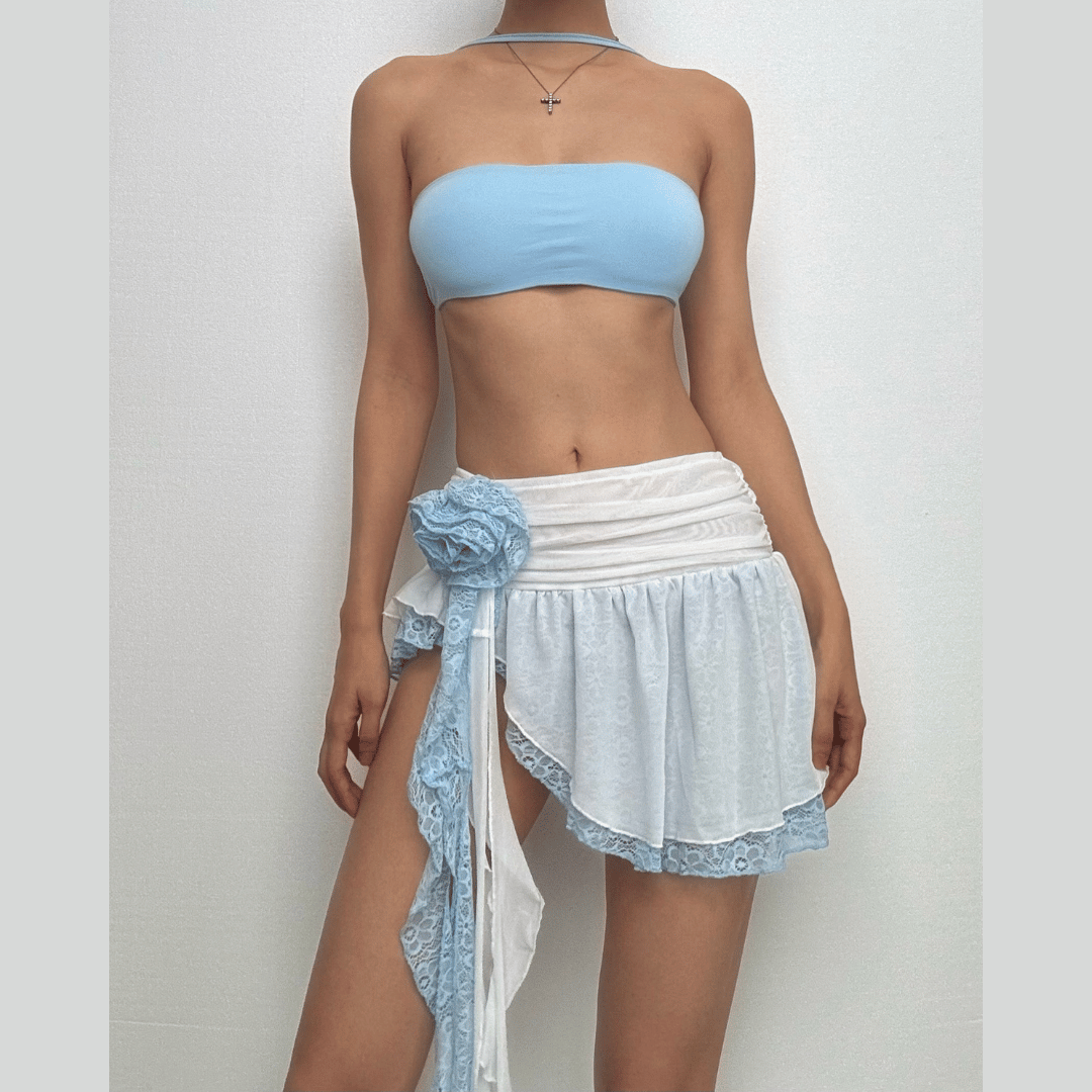 Irregular ruffle rose applique lace A line mini skirt  | Festival Outfits Women