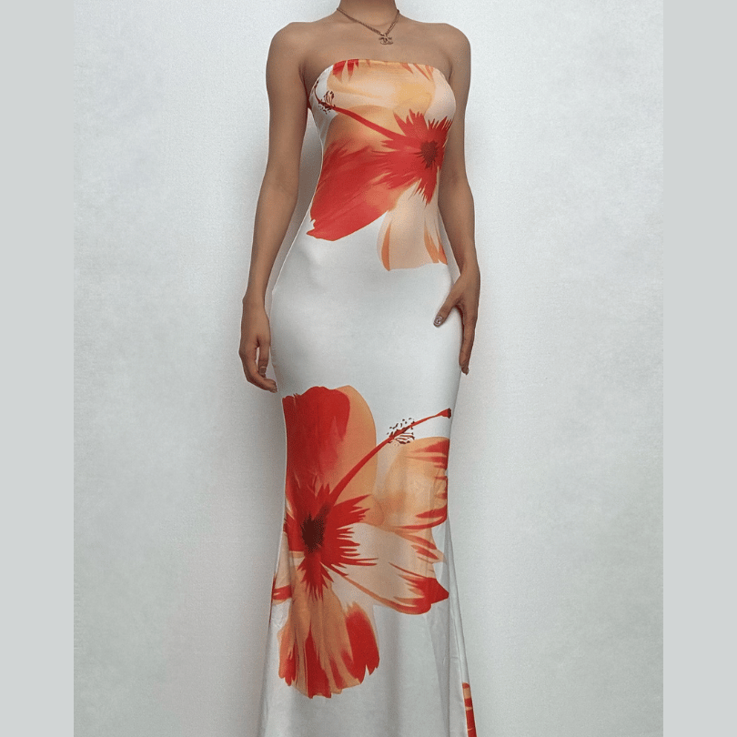 Satin flower print backless contrast tube midi dress  | Festival Outfits Women