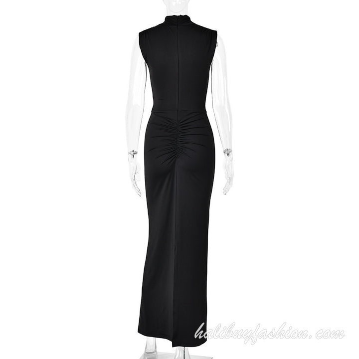High neck sleeveless ruched solid high slit maxi dress - Halibuy - 14