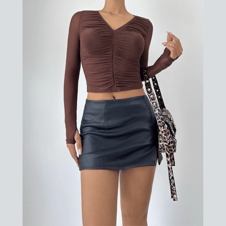 Sheer mesh long sleeve ruched v neck top  | Festival Outfits Women-final-sale