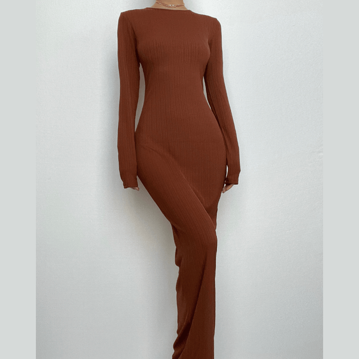 Long sleeve solid round neck maxi dress-final-sale  | Festival Outfits Women