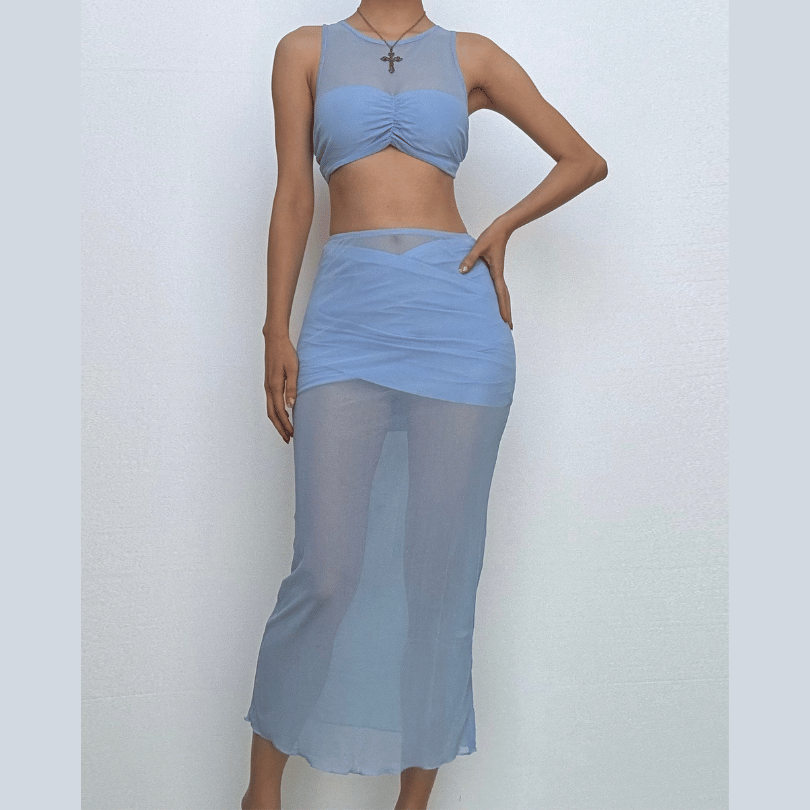 Crewneck sleeveless ruched mesh crop maxi skirt set  | Festival Outfits Women