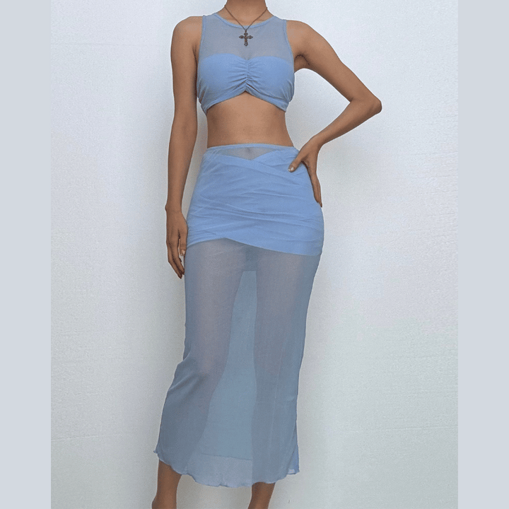 Crewneck sleeveless ruched mesh crop maxi skirt set  | Festival Outfits Women