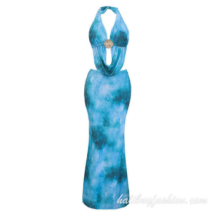 Halter tie dye backless cut out self tie swimwear - Halibuy - 14