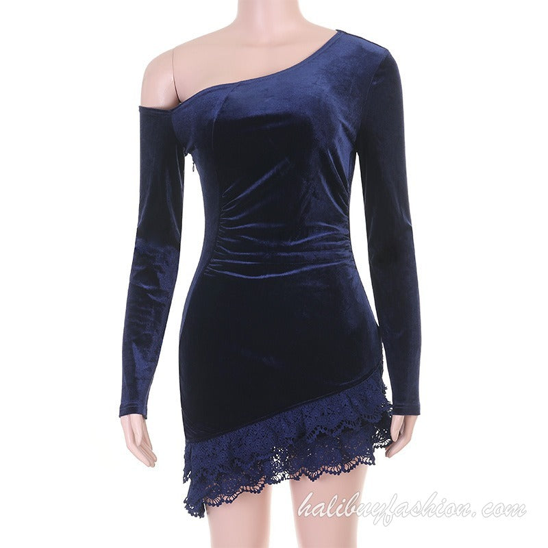 One shoulder long sleeve velvet lace hem ruched mini dress - Halibuy - 14