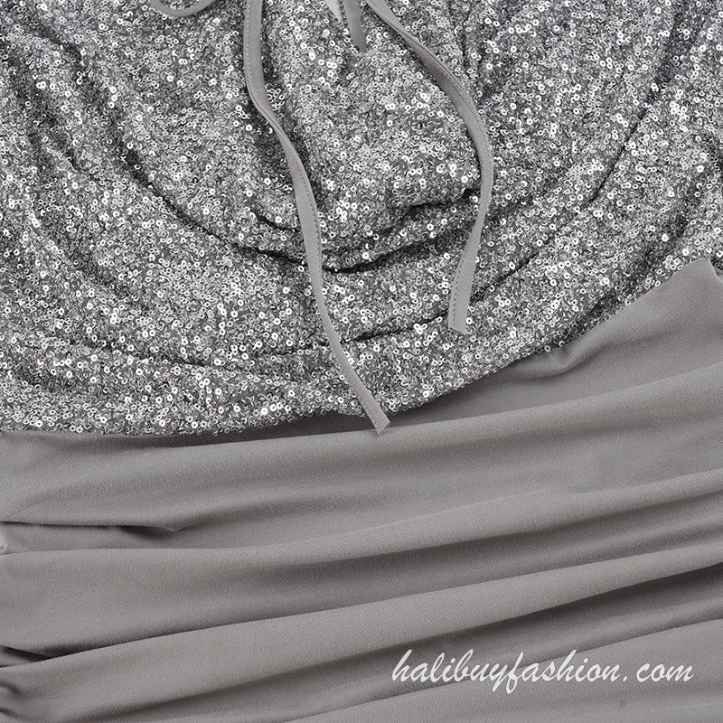 Halter glitter backless ruched drawstring metal chain mini dress - Halibuy - 14