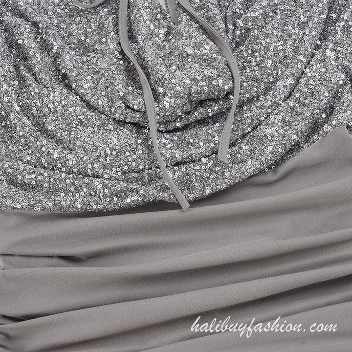 Halter glitter backless ruched drawstring metal chain mini dress - Halibuy - 14