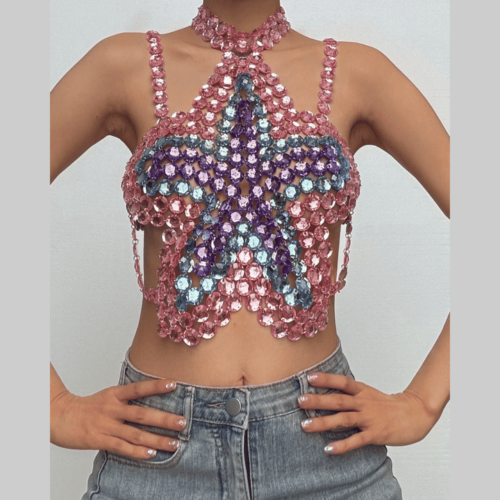 Halter star pattern backless gem chain top  | Festival Outfits Women