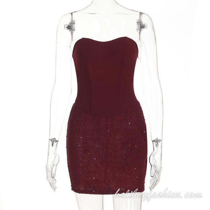 Halter sweetheart neck solid backless bustier self tie mini dress - Halibuy - 14