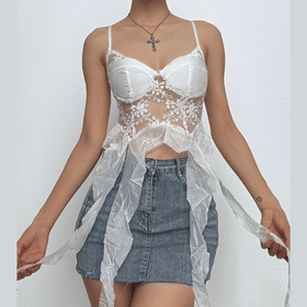 Mesh embroidery ruffle backless cami top  | Festival Outfits Women