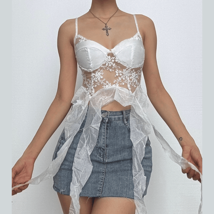 Mesh embroidery ruffle backless cami top  | Festival Outfits Women
