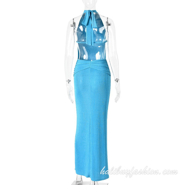 Halter sleeveless backless ruched solid buckle maxi dress - Halibuy - 14