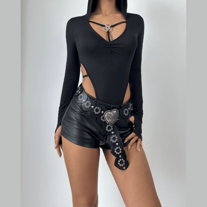 Hoodie long sleeve gloves ruched button bodysuit  | Festival Outfits Women-final-sale
