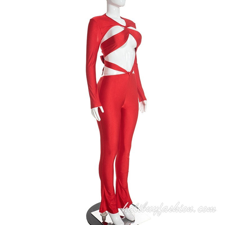 Lace up long sleeve solid backless cut out pant set - Halibuy - 14