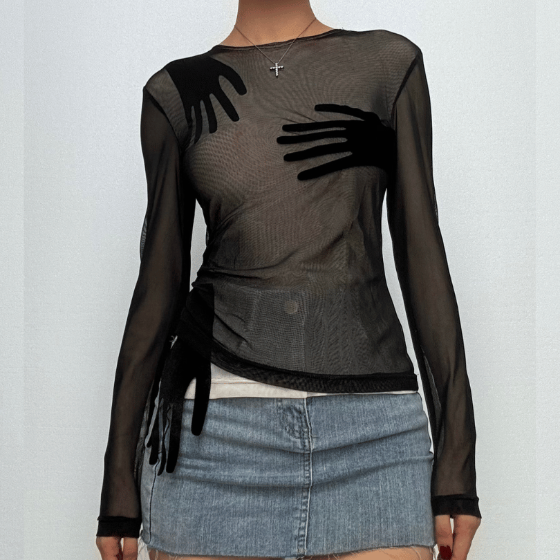 Mesh palm patchwork long sleeve crewneck top