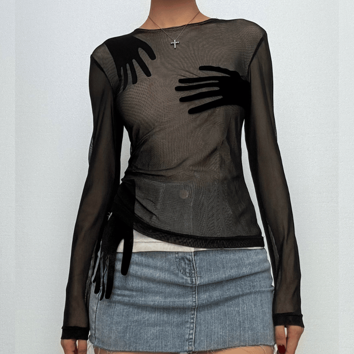 Mesh palm patchwork long sleeve crewneck top