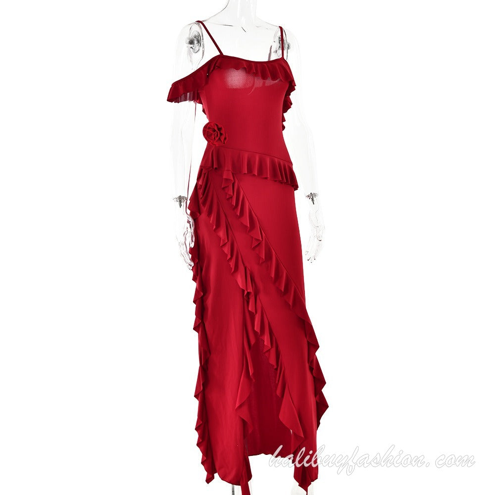 Spaghetti strap ruffle high slit backless solid cami maxi dress - Halibuy - 14