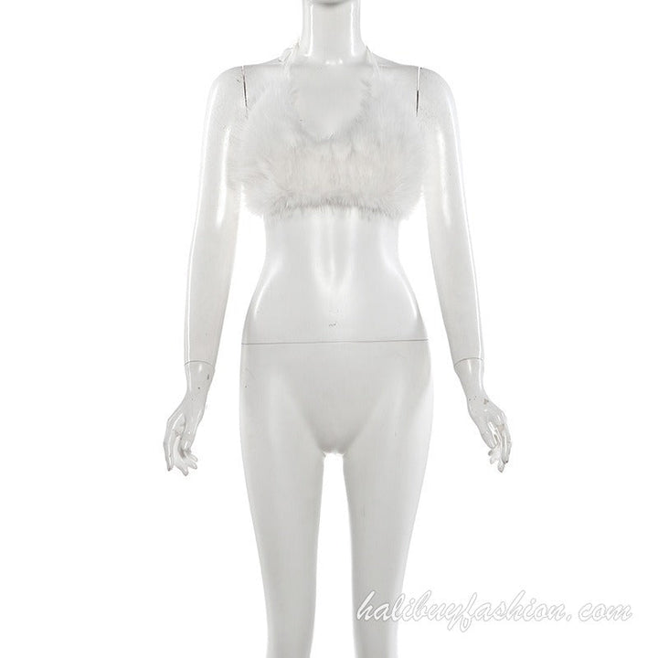 Halter fluffy backless self tie solid top - Halibuy - 14