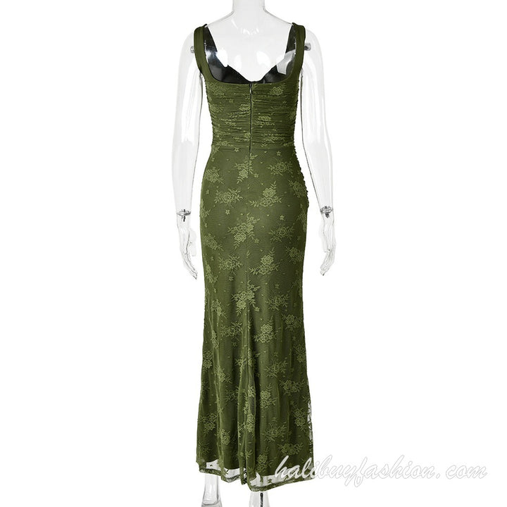 Spaghetti strap low cut high slit ruched metallic sleeveless cami maxi dress - Halibuy - 14