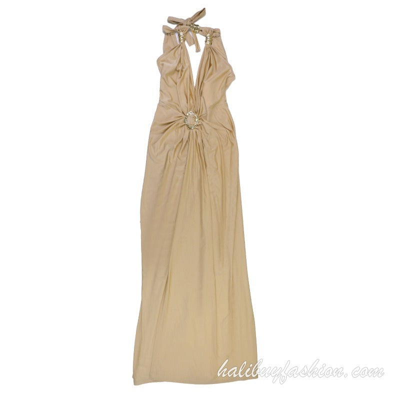 Halter solid satin high slit ruched maxi dress - Halibuy - 14