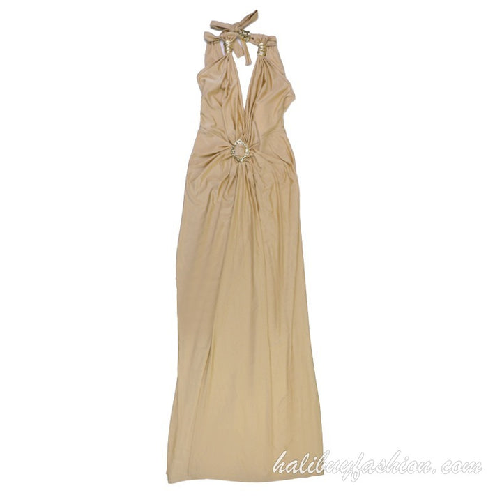 Halter solid satin high slit ruched maxi dress - Halibuy - 14