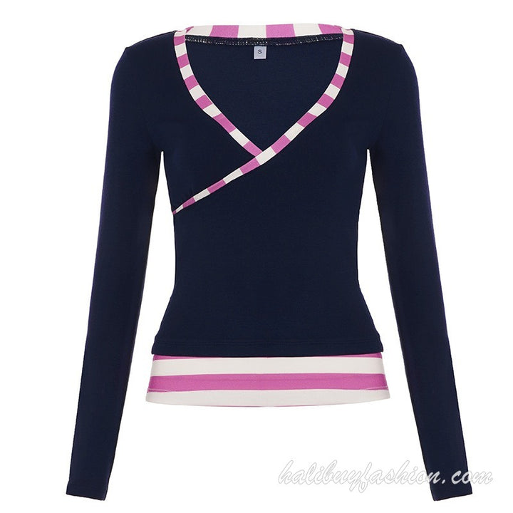 Long sleeve deep v neck cross front striped ruched knitted top - Halibuy - 14