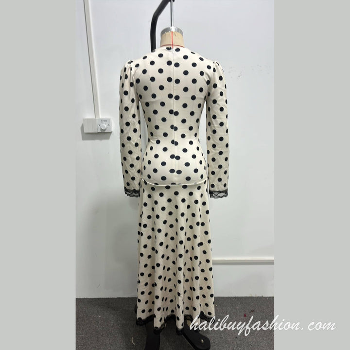 Polka dot long sleeve round neck ruched lace hem maxi dress - Halibuy - 14
