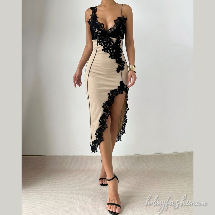 Contrast irregular v neck lace hem stitch mini dress