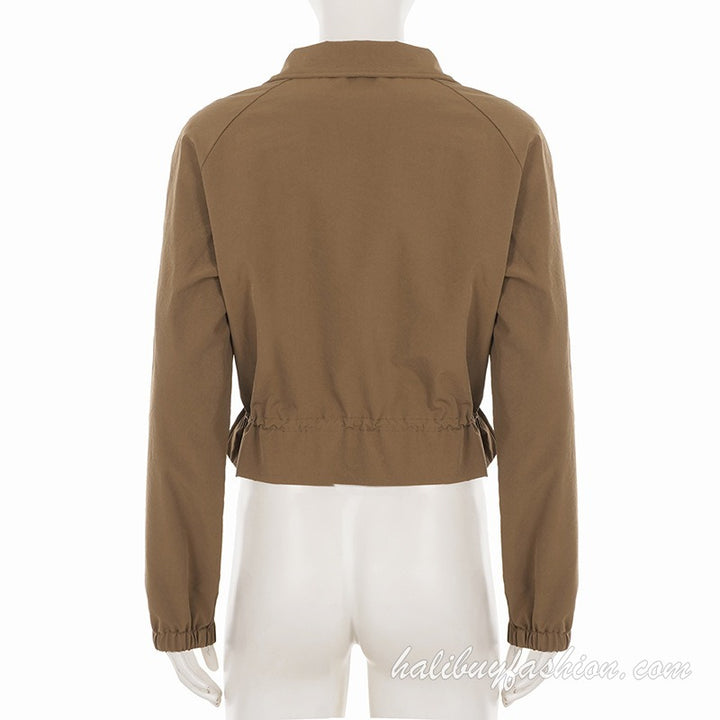 Long sleeve solid high neck zip-up drawstring ruched pant set - Halibuy - 14