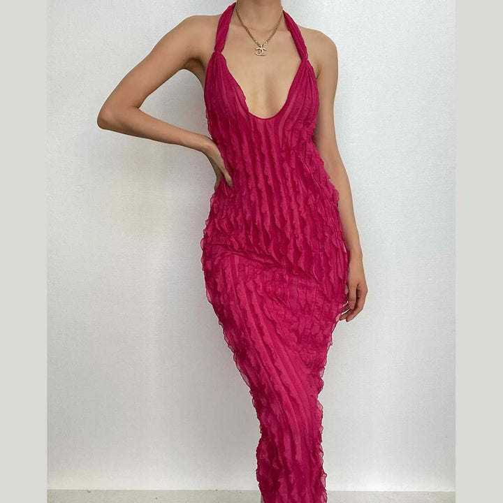Textured ruffle solid halter self tie v neck backless maxi dress-final-sale  | Festival Outfits Women