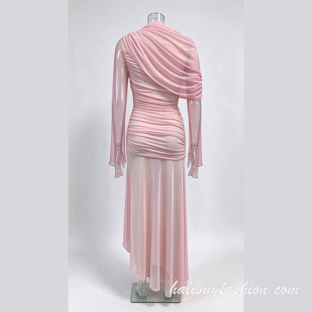 High neck long sleeve ruched mesh patchwork solid maxi dress - Halibuy - 14