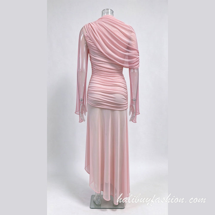 High neck long sleeve ruched mesh patchwork solid maxi dress - Halibuy - 14