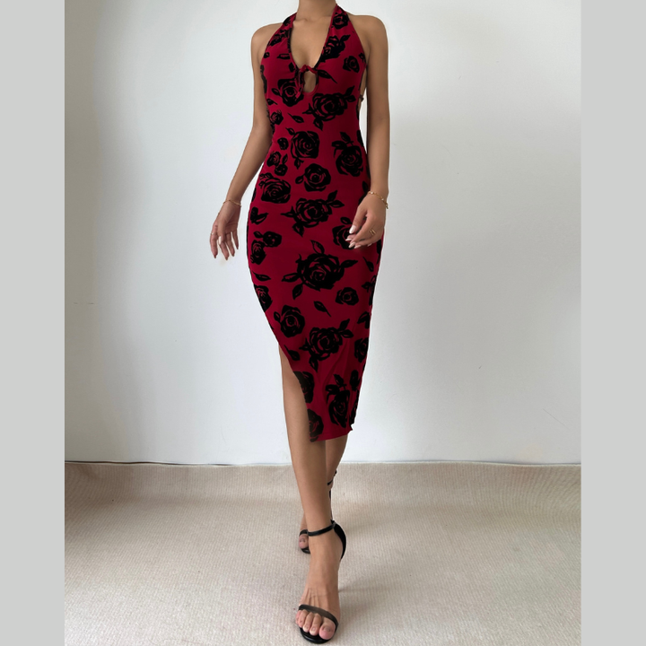 Halter v neck slit backless mesh self tie midi dress  | Festival Outfits Women-final-sale