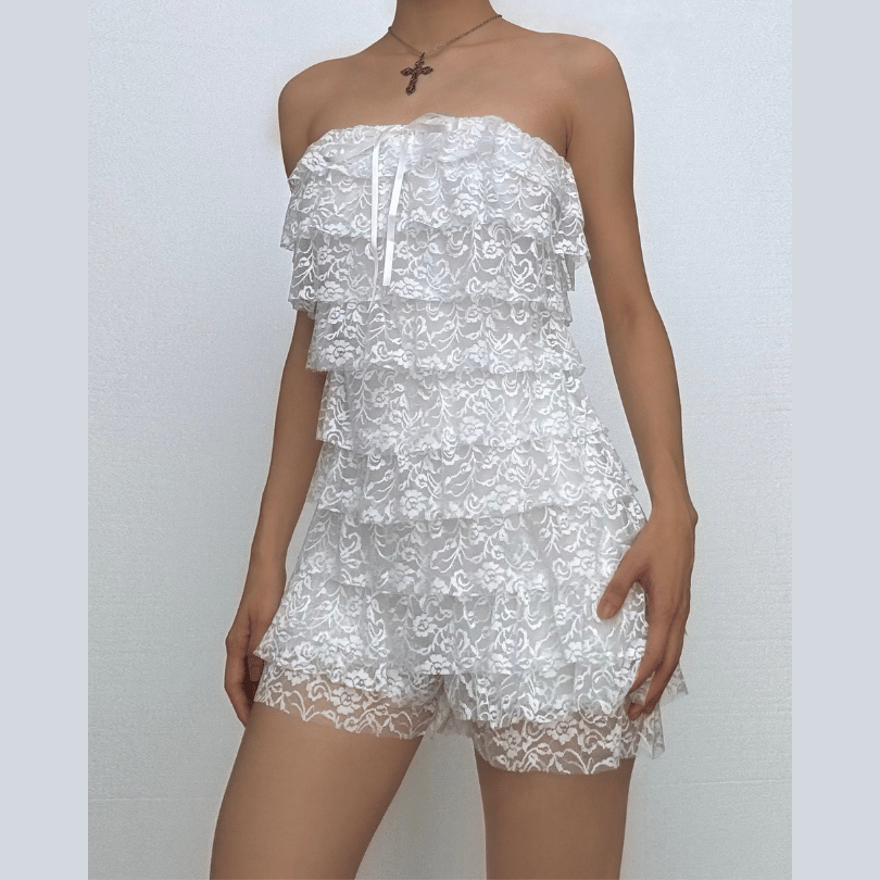 Bowknot lace backless ruffle tube mini dress  | Festival Outfits Women