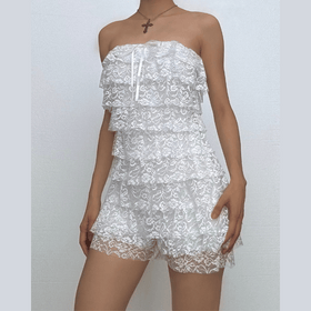 Bowknot lace backless ruffle tube mini dress  | Festival Outfits Women