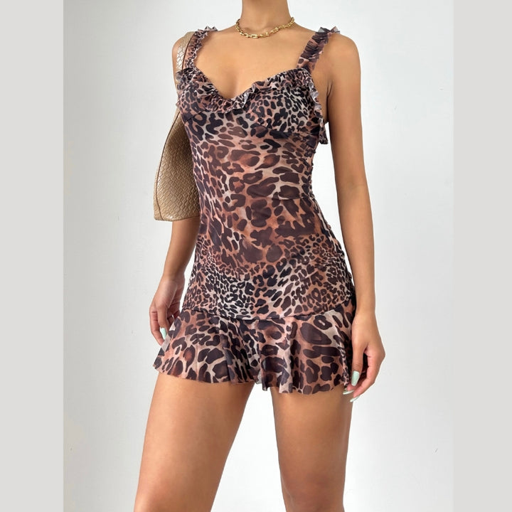 Leopard print v neck ruffle mesh cami mini dress  | Festival Outfits Women  | Leopard Print Mini Dress-final-sale