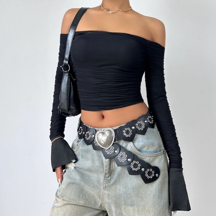 Double layered mesh off shoulder ruched long sleeve solid crop top | Mesh Long Sleeve Crop Top