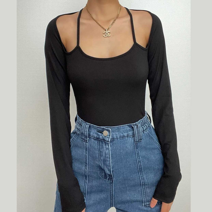 Halter solid ribbed long sleeve low cut bodysuit-final-sale  | Festival Outfits Women