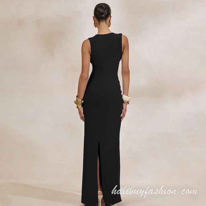 Sleeveless deep v neck solid high slit ruched drawstring maxi dress - Halibuy - 14