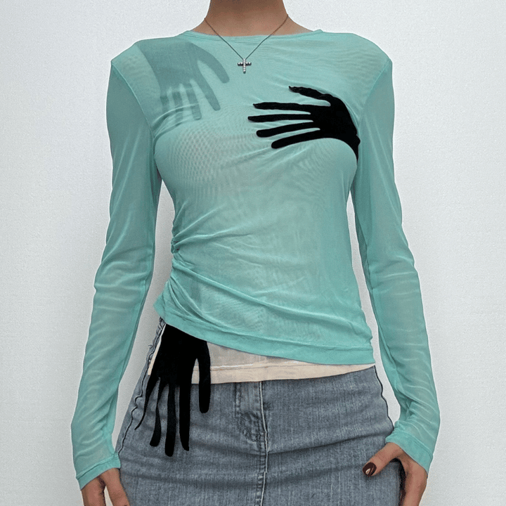 Mesh palm patchwork long sleeve crewneck top