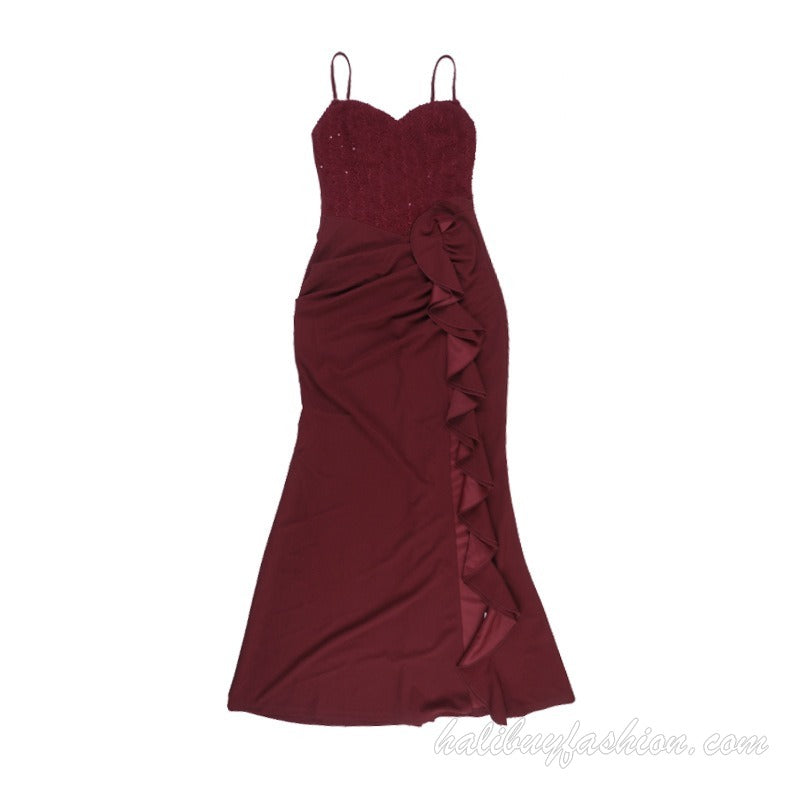 Spaghetti strap ruffle high slit backless satin cami maxi dress - Halibuy - 14