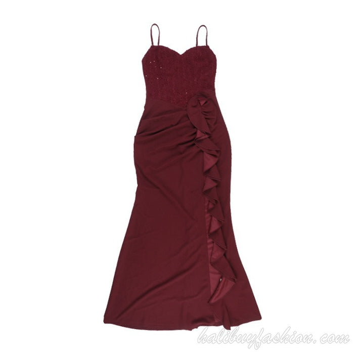Spaghetti strap ruffle high slit backless satin cami maxi dress - Halibuy - 14