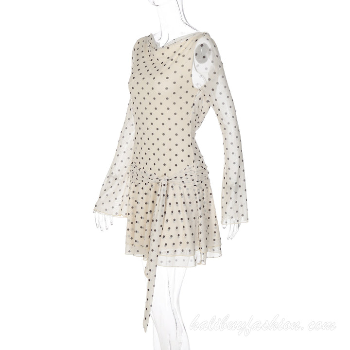 Long flared sleeve polka dot print sheer mesh backless ruffle mini dress - Halibuy - 14
