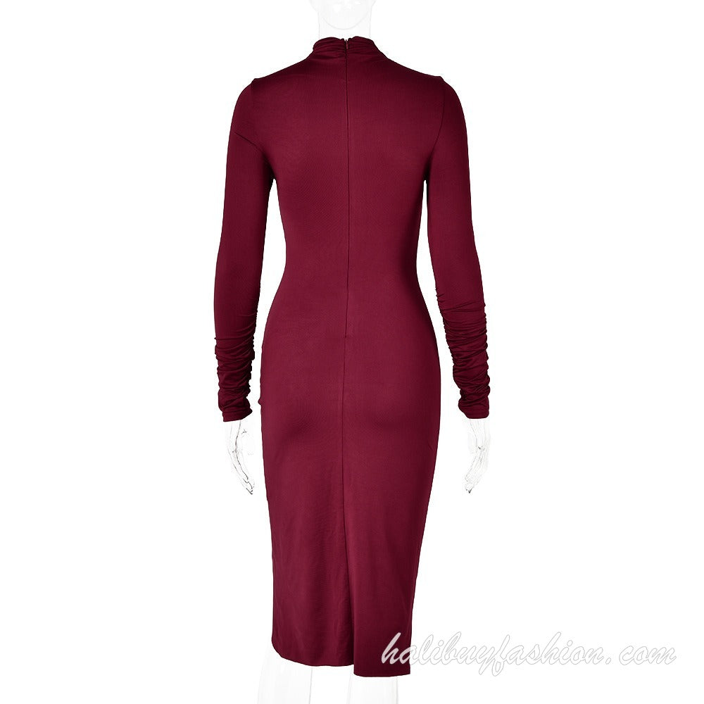 High neck long sleeve solid ruched high slit midi dress - Halibuy - 14